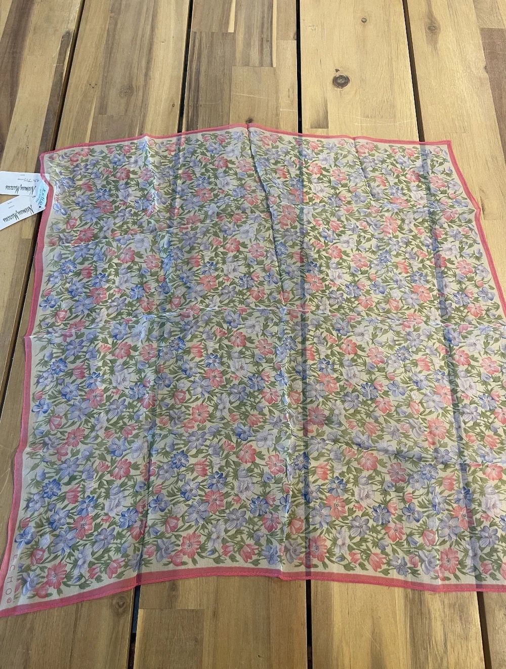 NWT‎ ECHO Classic Vintage Blue Pink Floral 100% Silk Square Scarf Neiman Marcus
